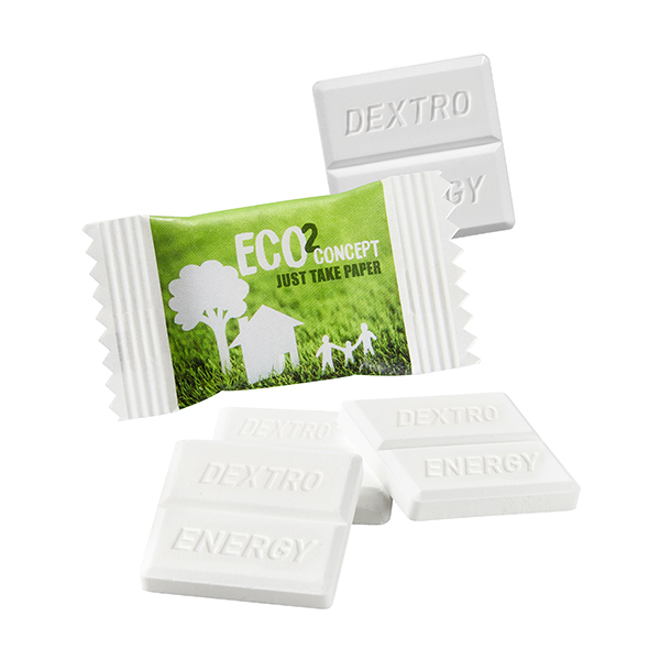 DEXTRO ENERGY* Traubenz. i.Papier-Flowp – Werbeartikel mit Logo bedrucken